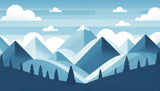 Geometric blue mountain pattern design file showing detailed alpine peaks and stylized clouds
