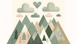 Mountain wallpaper design file showing geometric forest pattern with soft clouds and heart detail