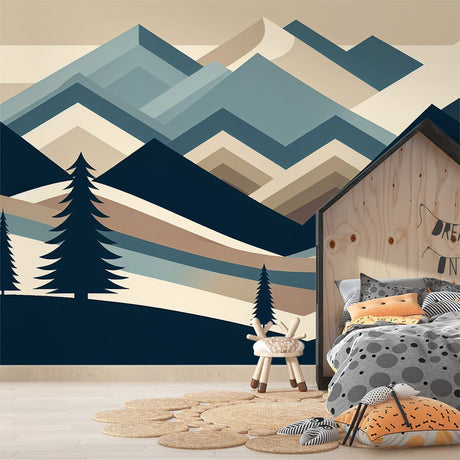 Mountain landscape wallpaper with geometric design shown in a bright Scandinavian living room setting with minimal furniture