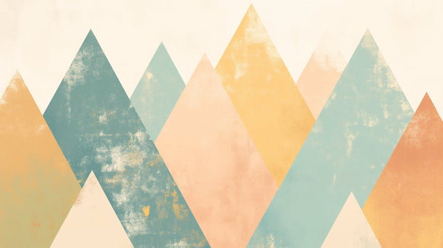Geometric Mountain Wallpaper in modern minimalist living room showing pastel peaks and aged texture effect