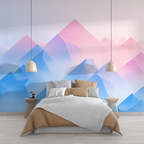 Geometric Mountain Wallpaper in modern minimalist living room, featuring soft pastel peaks creating a serene atmosphere