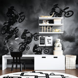 Mountain wallpaper mural in modern minimalist living room, gold and grey abstract peaks create depth