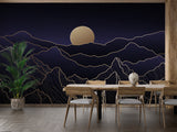 Navy mountain mural creating depth in minimalist living room