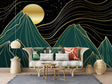 Mountain line art wallpaper in modern living room, green and gold design creating depth against grey sofa