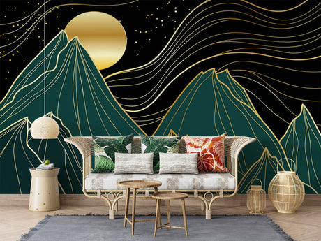 Mountain line art wallpaper in modern living room, green and gold design creating depth against grey sofa