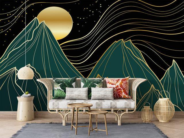 Mountain line art wallpaper in modern living room, green and gold design creating depth against grey sofa