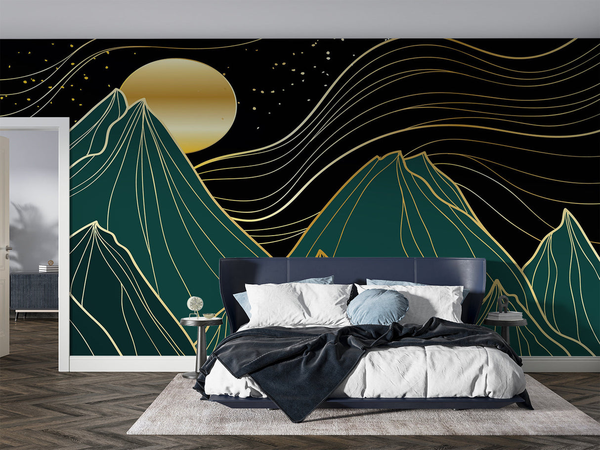 Green and gold mountain wallpaper in dining room with pendant lighting highlighting metallic elements