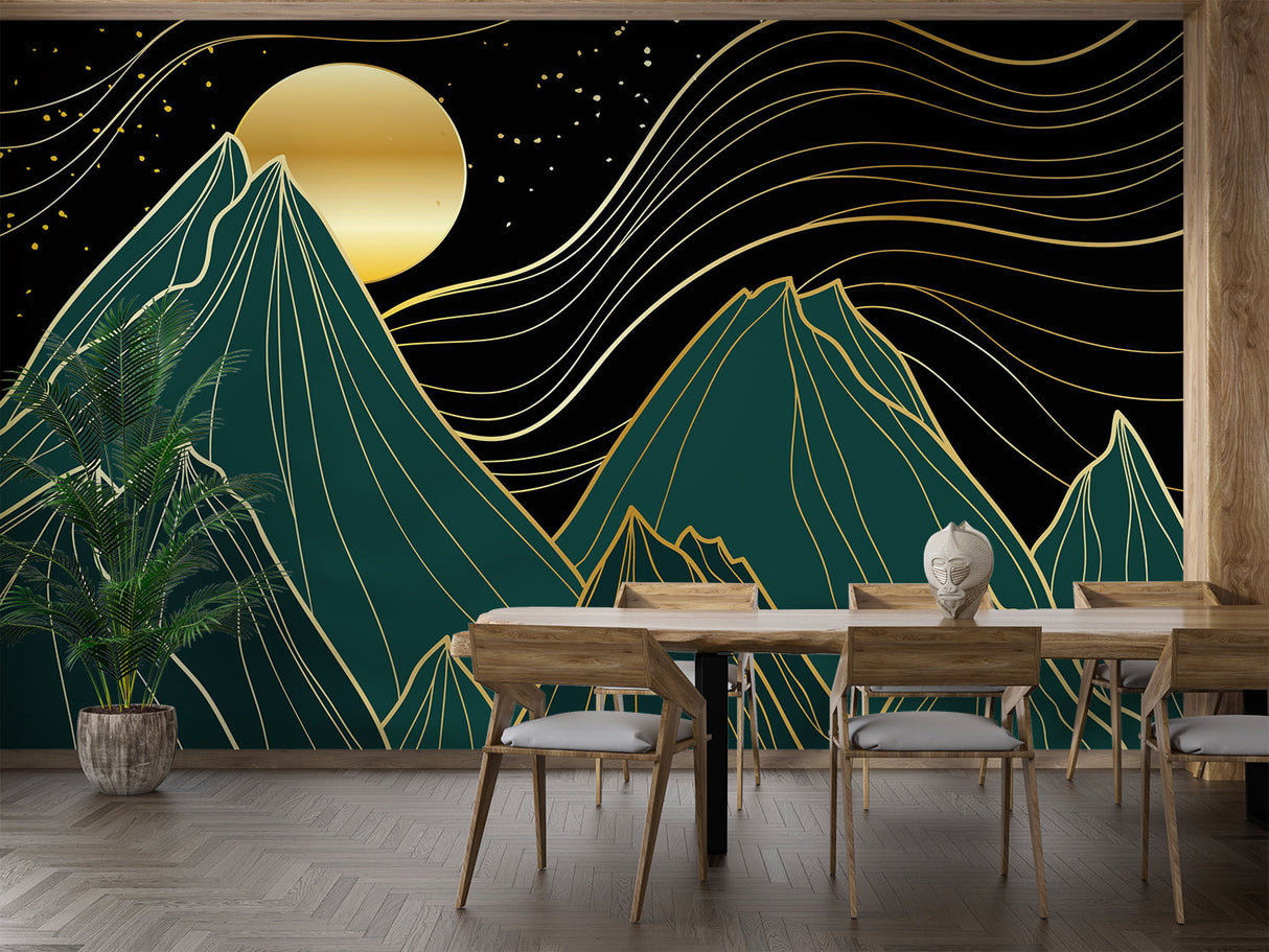 Mountain line art feature wall in bedroom showing scale and drama of the design