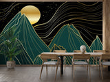 Mountain line art feature wall in bedroom showing scale and drama of the design