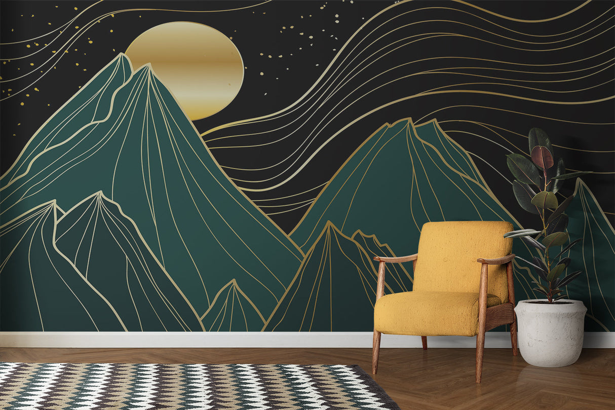 Abstract mountain wallpaper in minimalist hallway demonstrating versatility of the design