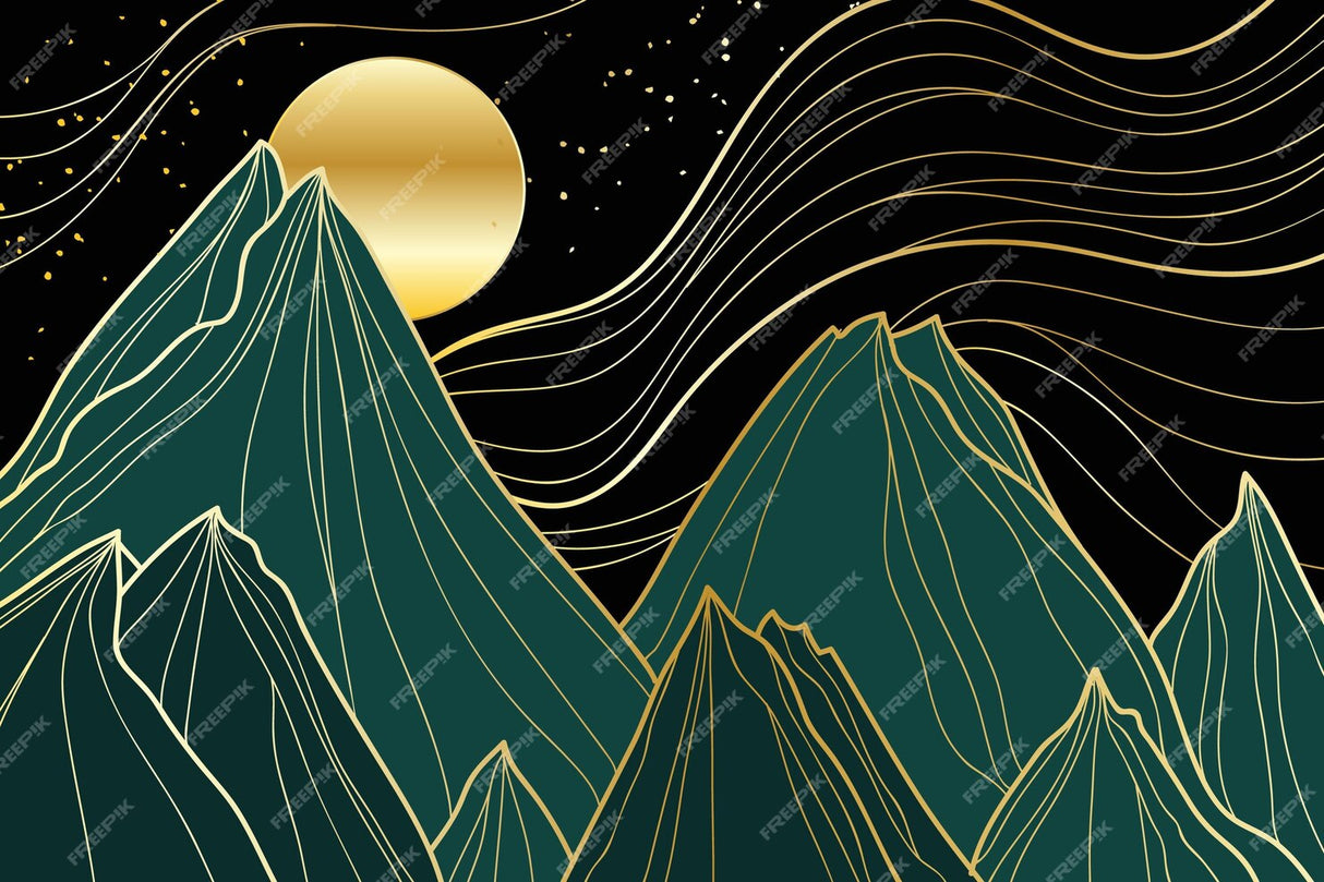 Mountain line art wallpaper design file showing intricate gold details on emerald green peaks