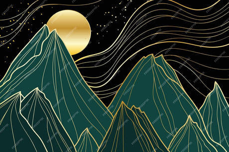 Mountain line art wallpaper design file showing intricate gold details on emerald green peaks