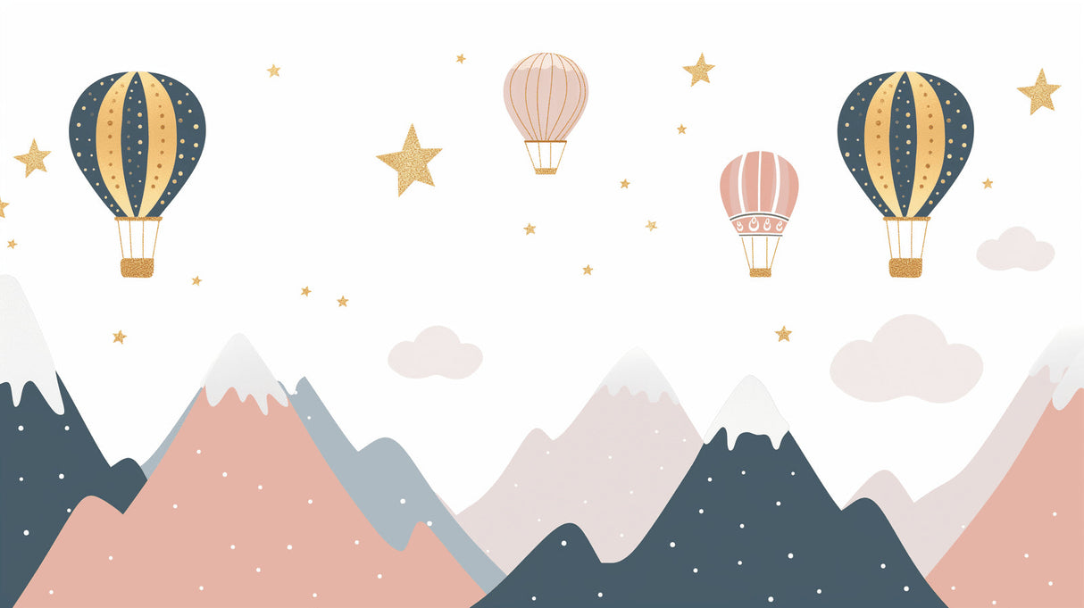 Pink and navy hot air balloon wallpaper transforming a cozy reading nook with soft lighting