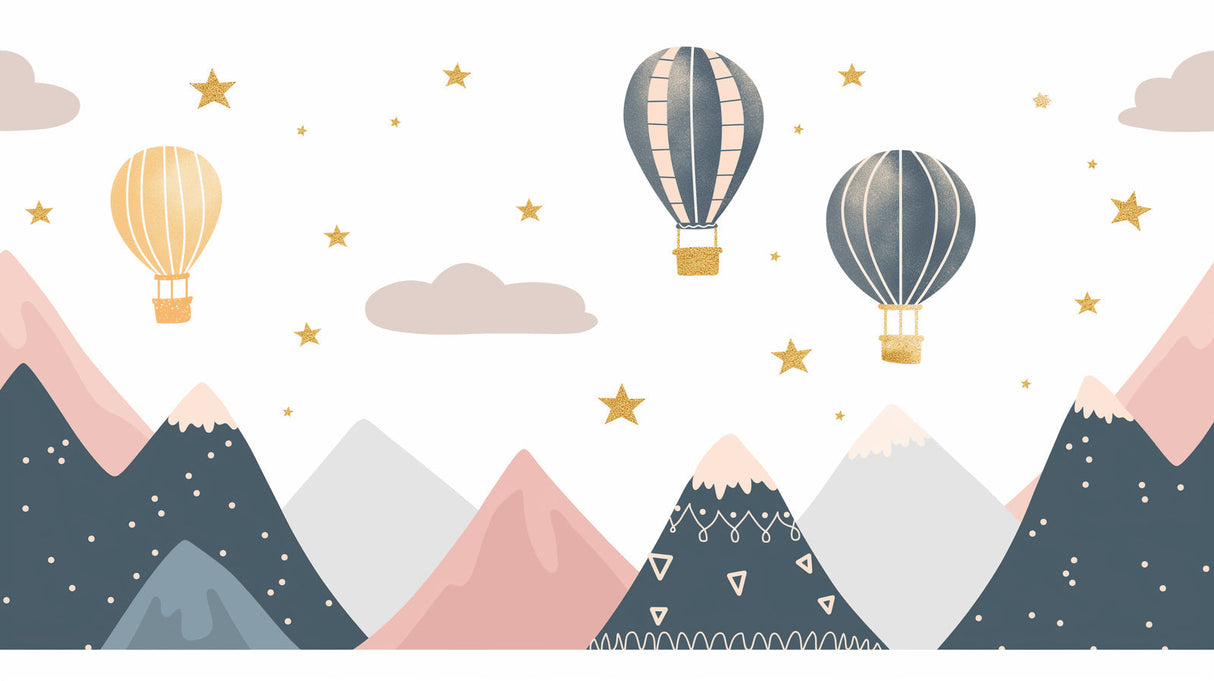 Mountain wallpaper with hot air balloons creating a magical atmosphere in a modern nursery with white furniture