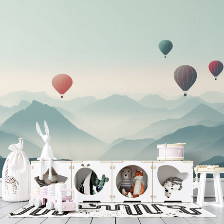 Mountain wallpaper with hot air balloons creating a peaceful nursery setting with soft morning light