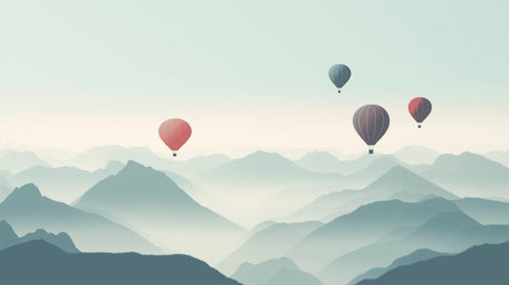 Hot air balloon mountain mural transforming a kids bedroom into an adventure scene