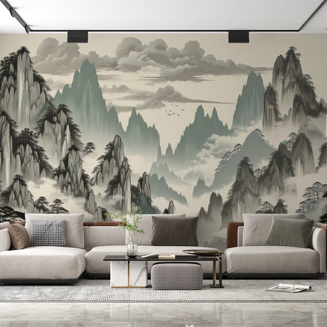 Japanese mountain wallpaper mural in modern living room, creating serene atmosphere with misty peaks