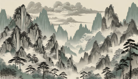 Mountain landscape wallpaper in minimal bedroom, showing ink painting style peaks