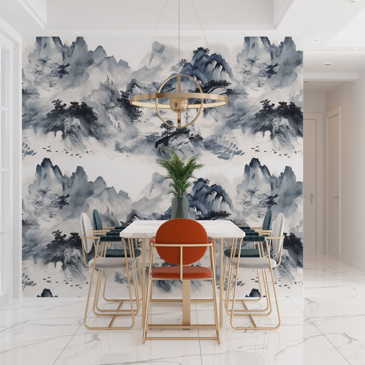 Japanese mountain mural wallpaper in modern minimalist living room with grey sofa and natural light