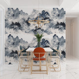 Japanese mountain mural wallpaper in modern minimalist living room with grey sofa and natural light