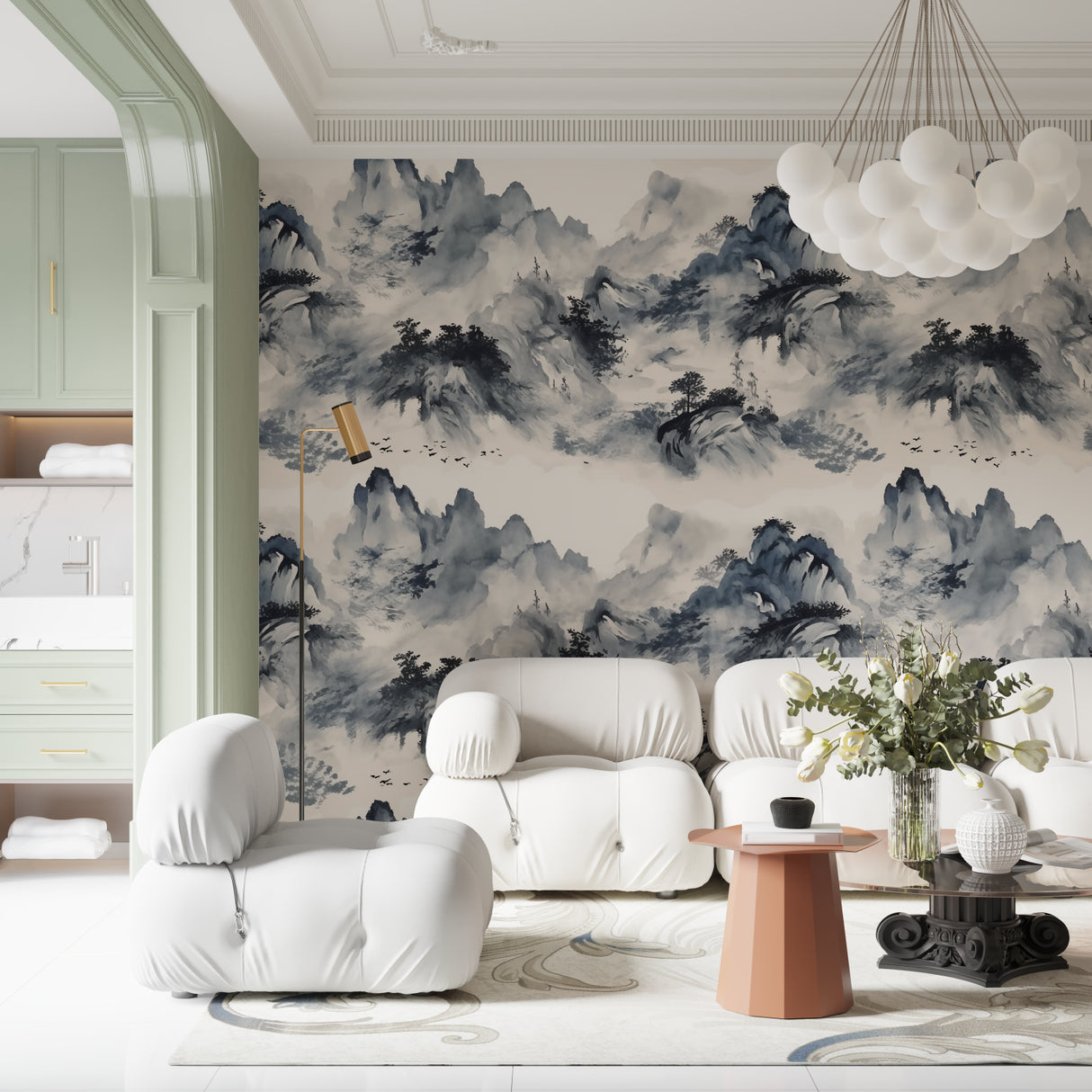 Mountain landscape wallpaper creating zen atmosphere in meditation room with floor cushions