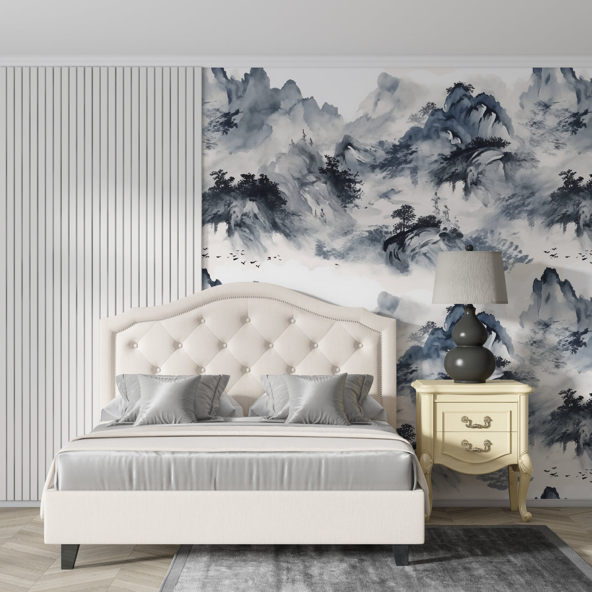 Oriental mountain mural in master bedroom with simple furniture and bamboo accents