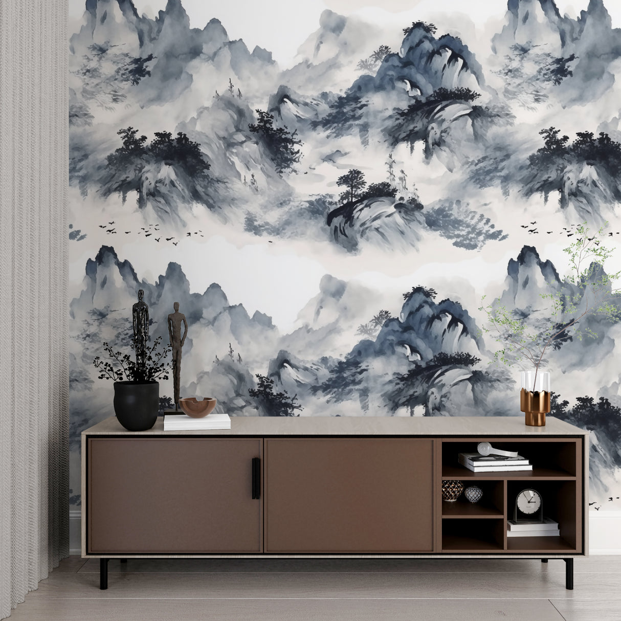 Japanese ink painting wallpaper in dining room with black dining set and pendant lights