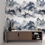 Japanese ink painting wallpaper in dining room with black dining set and pendant lights