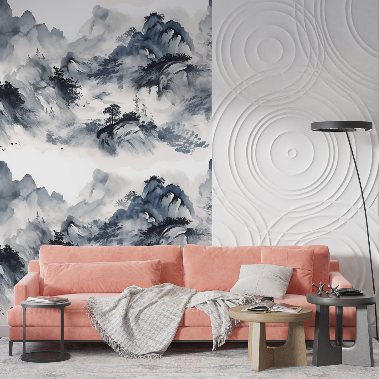 Mountain wall mural in home office with wooden desk and minimalist decor