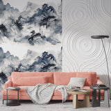 Mountain wall mural in home office with wooden desk and minimalist decor