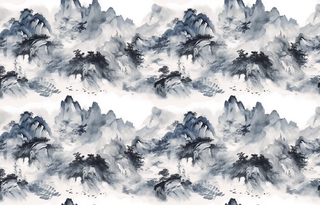 Design file showing full mountain landscape pattern in Japanese ink painting style