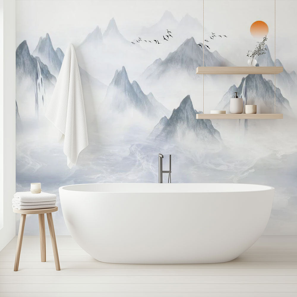 Mountain landscape wallpaper creating a peaceful atmosphere in a modern living room with minimal furniture