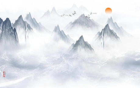 Japanese mountain mural design file showing misty peaks and warm sunset colors