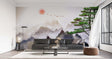 Mountain mural wallpaper with Japanese pine trees in a modern living room, creating a serene focal point