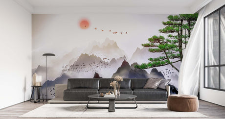 Mountain mural wallpaper with Japanese pine trees in a modern living room, creating a serene focal point