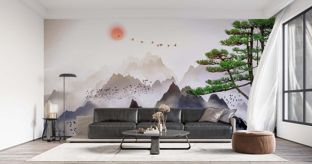 Mountain mural wallpaper with Japanese pine trees in a modern living room, creating a serene focal point