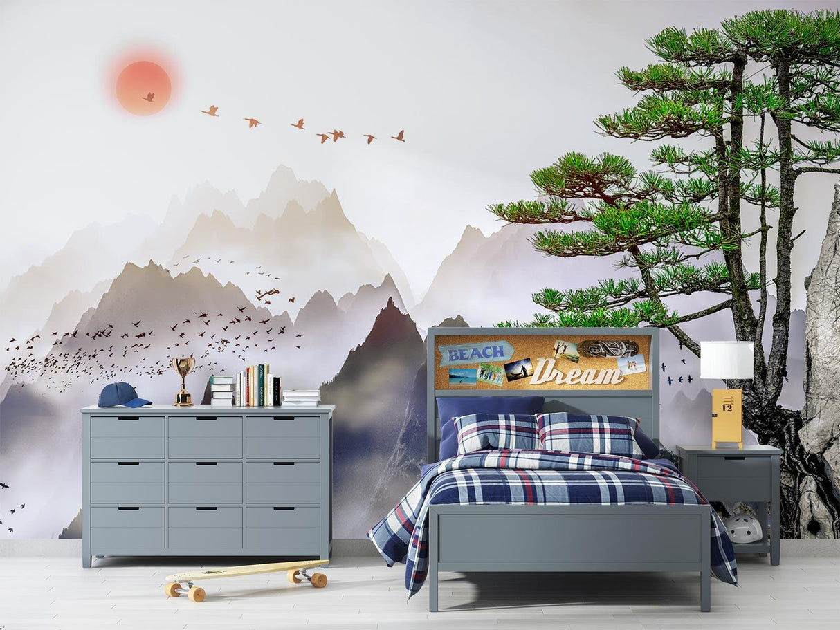 Japanese mountain wallpaper in a minimalist bedroom showing misty peaks at sunrise