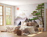 Zen meditation room featuring mountain landscape wallpaper with pine trees