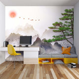 Home office with Japanese pine tree mural creating a focused workspace