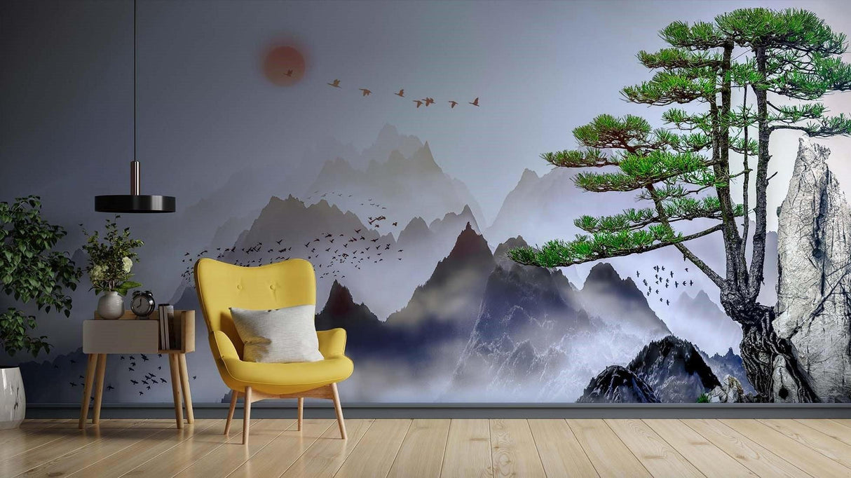 Dining room showcase of misty mountain wallpaper in natural lighting