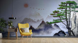 Dining room showcase of misty mountain wallpaper in natural lighting