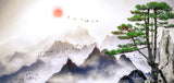 Japanese mountain mural in a reading nook with morning light