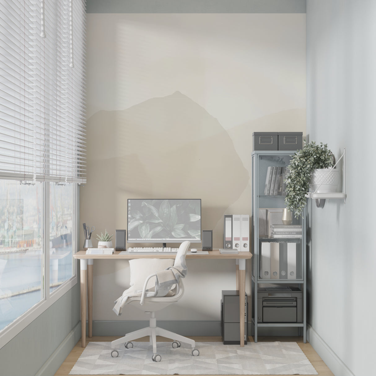 Modern living room featuring Mountain Abstract Wallpaper in soft beige tones, creating a peaceful atmosphere
