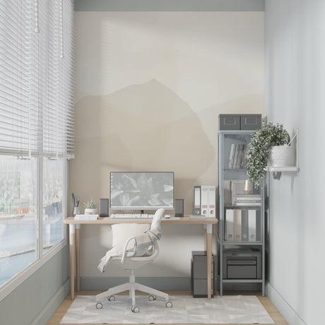 Modern living room featuring Mountain Abstract Wallpaper in soft beige tones, creating a peaceful atmosphere