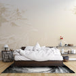 Mountain relief wallpaper in modern minimalist living room with beige sofa and natural light