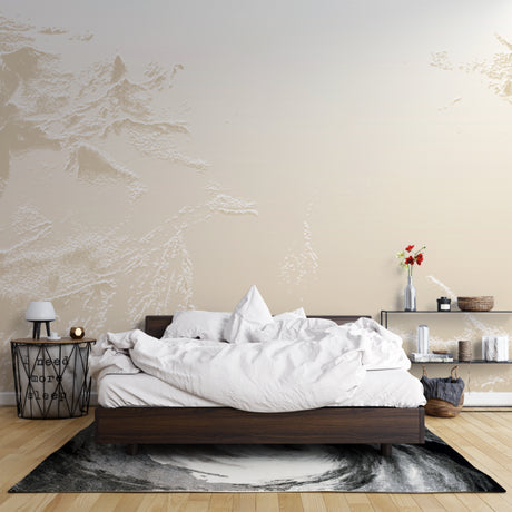 Mountain relief wallpaper in modern minimalist living room with beige sofa and natural light