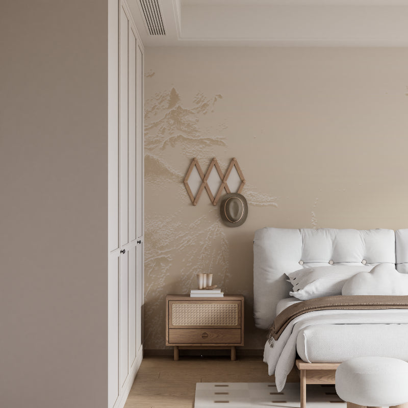 Beige mountain relief mural in peaceful home office with wooden desk