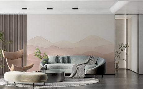 Mountain landscape wallpaper in a modern living room, creating a serene backdrop against neutral furniture