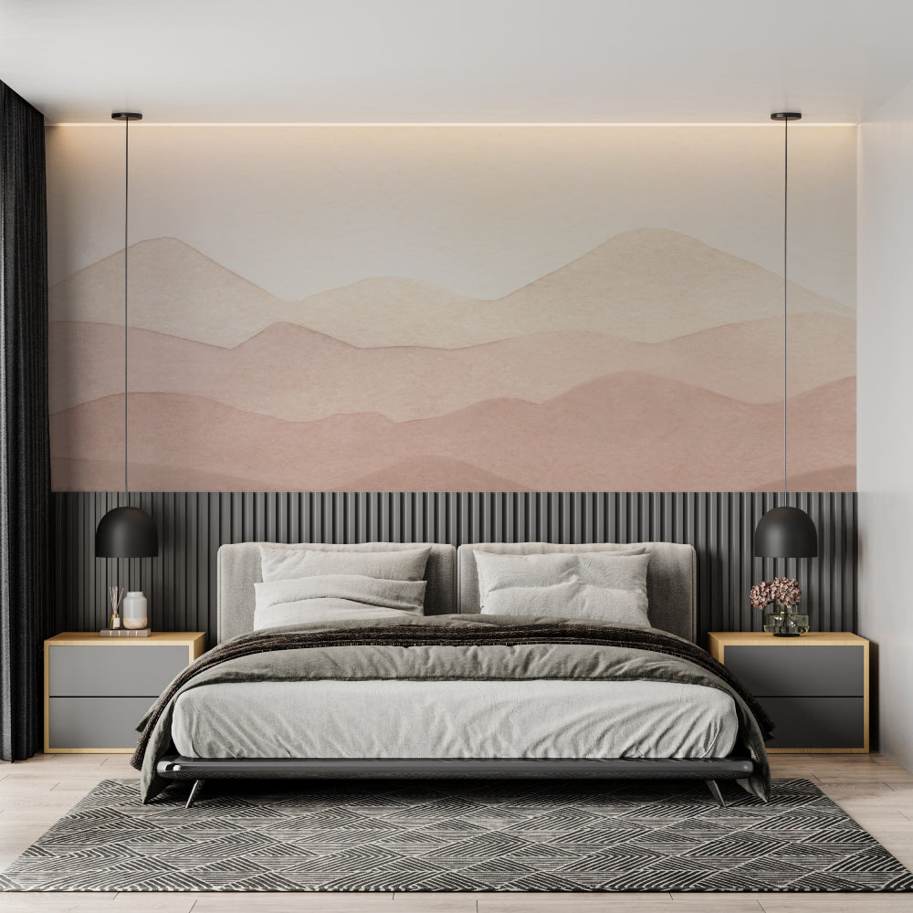 Minimalist mountain mural bringing depth to a cozy bedroom setting