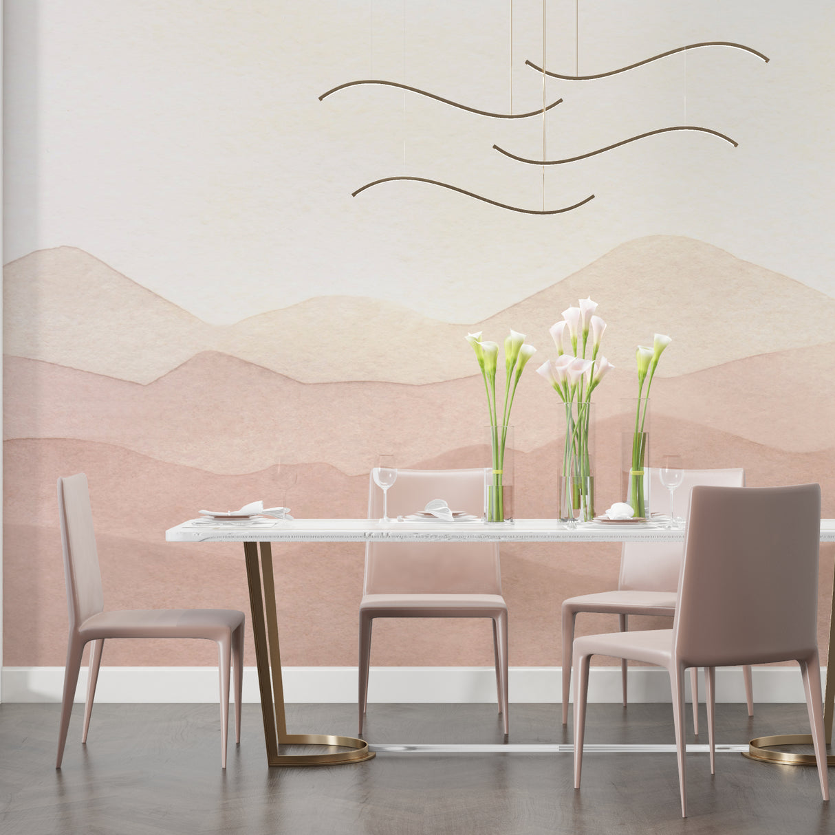 Beige mountain wallpaper enhancing a home office with soft, natural tones